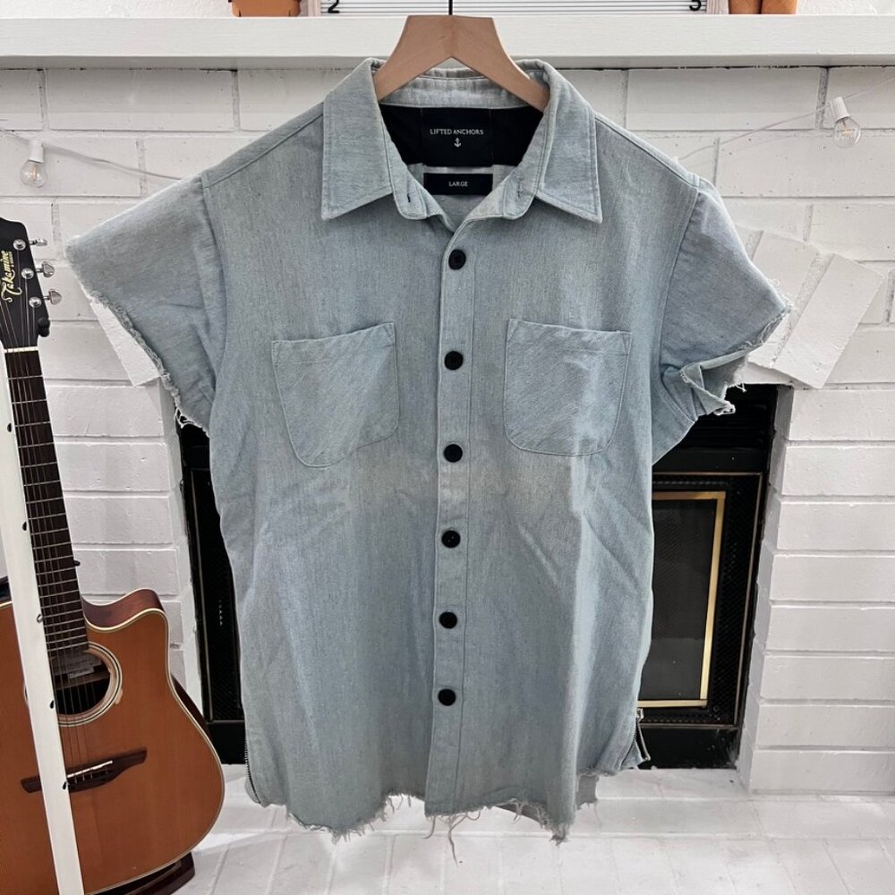Lifted Anchor Distressed Sleeve & Bottom Side Zippers Button Down Denim Shirt Jk